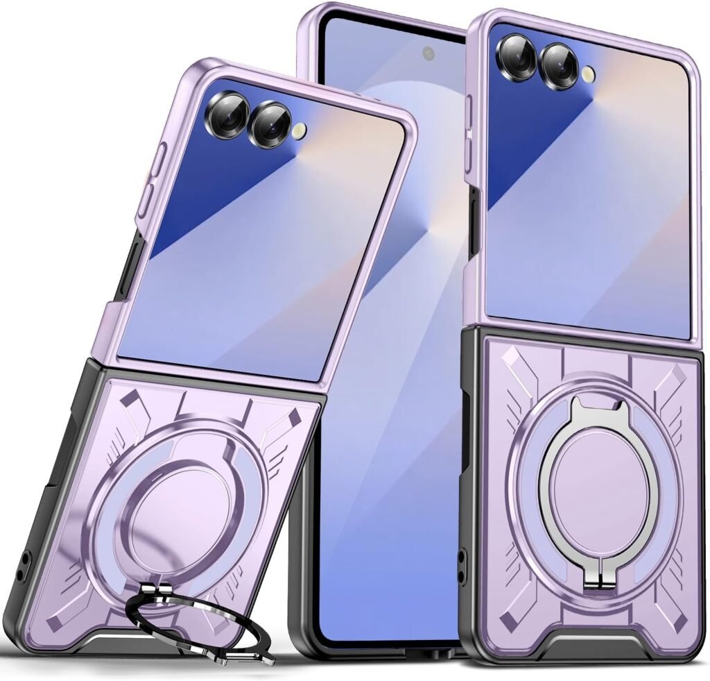 “Purple Shockproof Samsung Galaxy Z Flip 7 Case with 360° Ring Holder for Canadians”