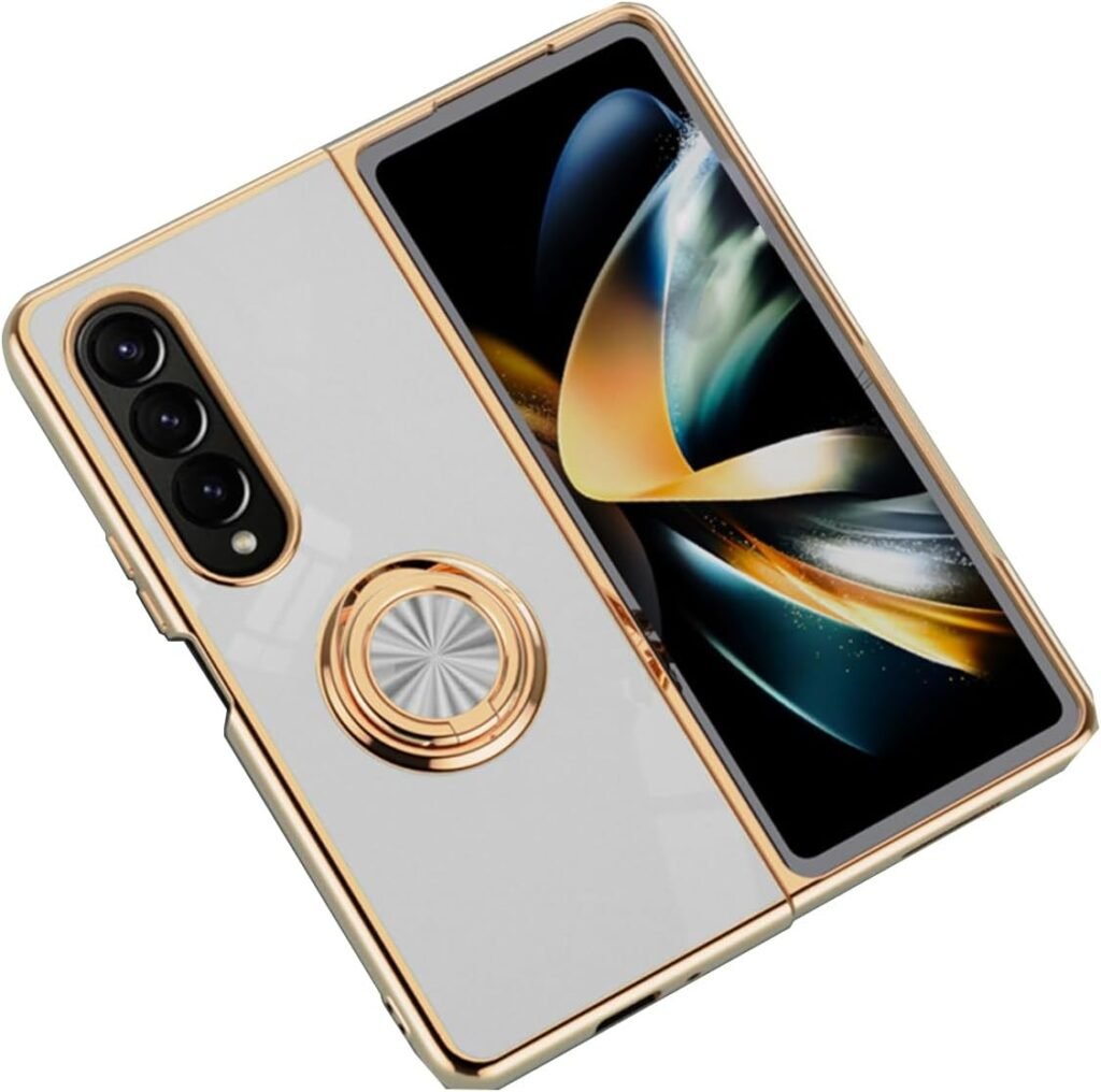 “Beige Asuwish Samsung Galaxy Z Fold 4 Case with Magnetic Ring Holder for Canadians”