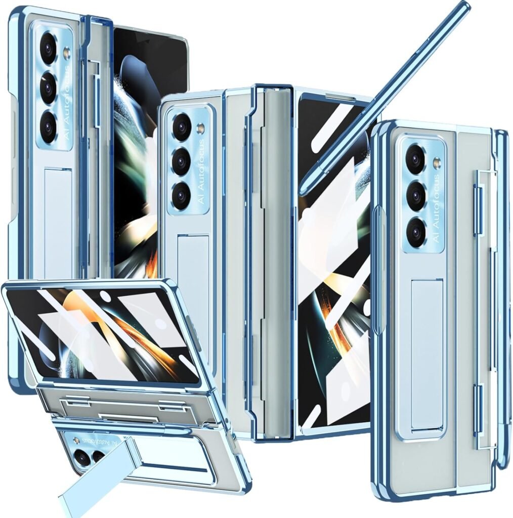 “Blue Samsung Galaxy Z Fold 3 Case with S Pen Holder & Kickstand