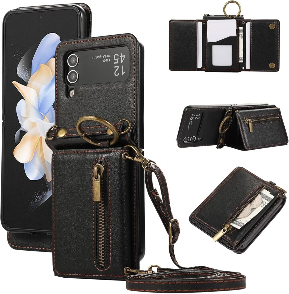 “Black Wallet Case with Strap for Samsung Galaxy Z Flip 3 5G