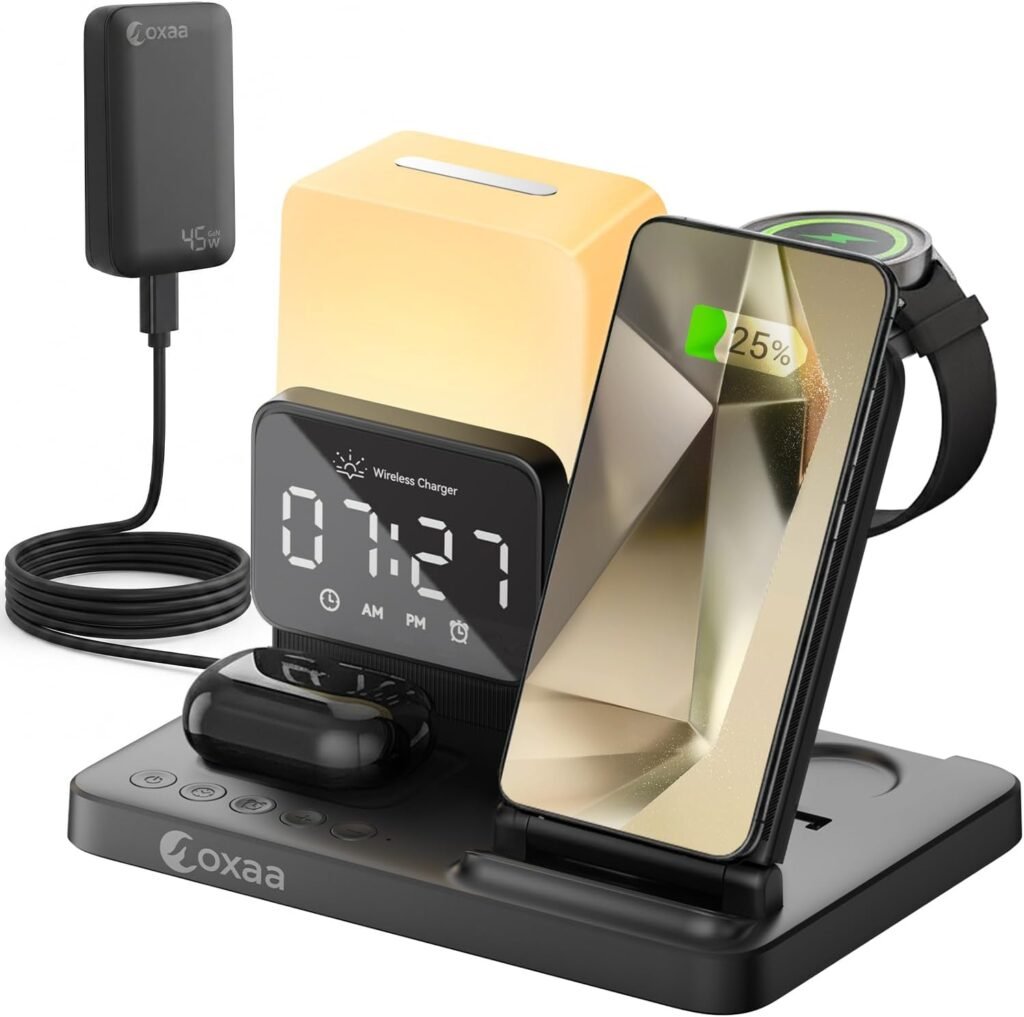 6-in-1 Wireless Charger for Samsung Galaxy & Accessories with Alarm Clock & Night Light
