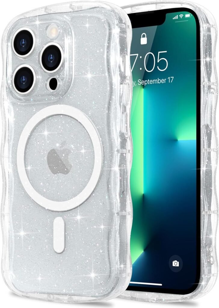Pepmune Clear Glitter iPhone 16 Pro Case with Curly Wave Edge Pepmune Clear Glitter iPhone 16 Pro Case with Curly Wave Edge