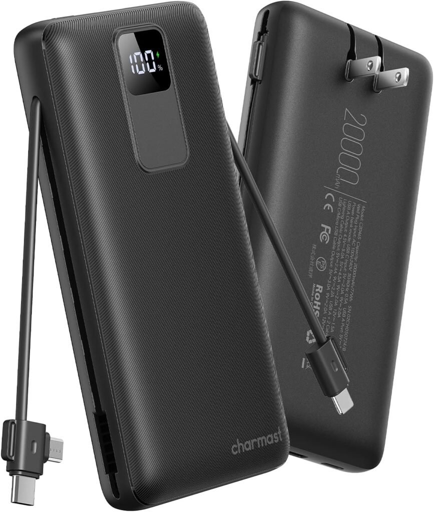 Charmast 20000mAh Portable Charger with Built-in Wall Plug & Cables