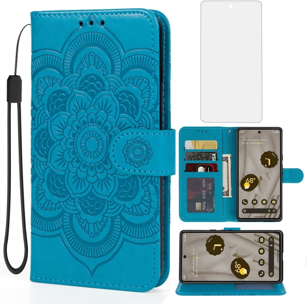 “Shop Pixel 7A Case: Google 7A GWKK3 Wallet Case with Tempered Glass & Mandala Leather Flip Cover in Blue”